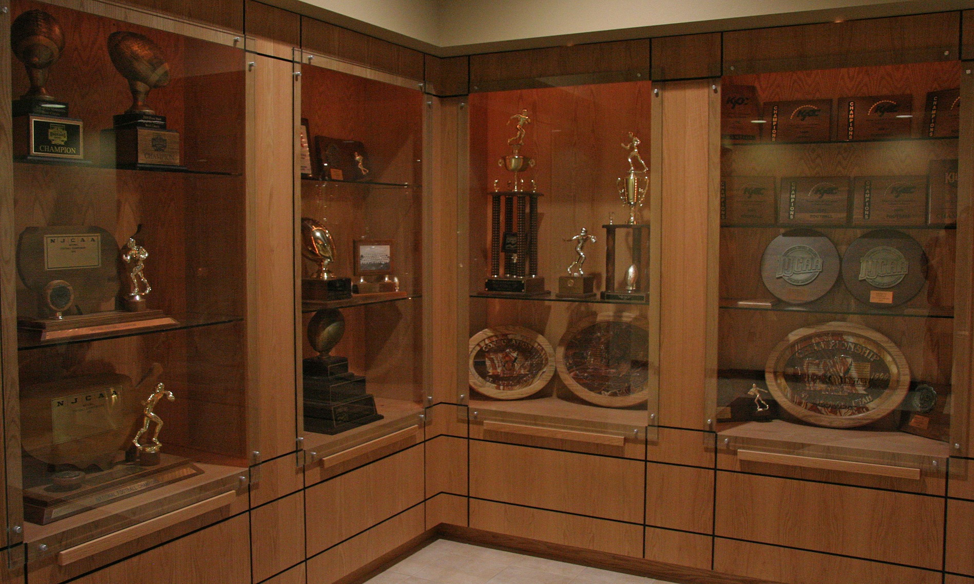 The trophy case inside the Criss Football Complex